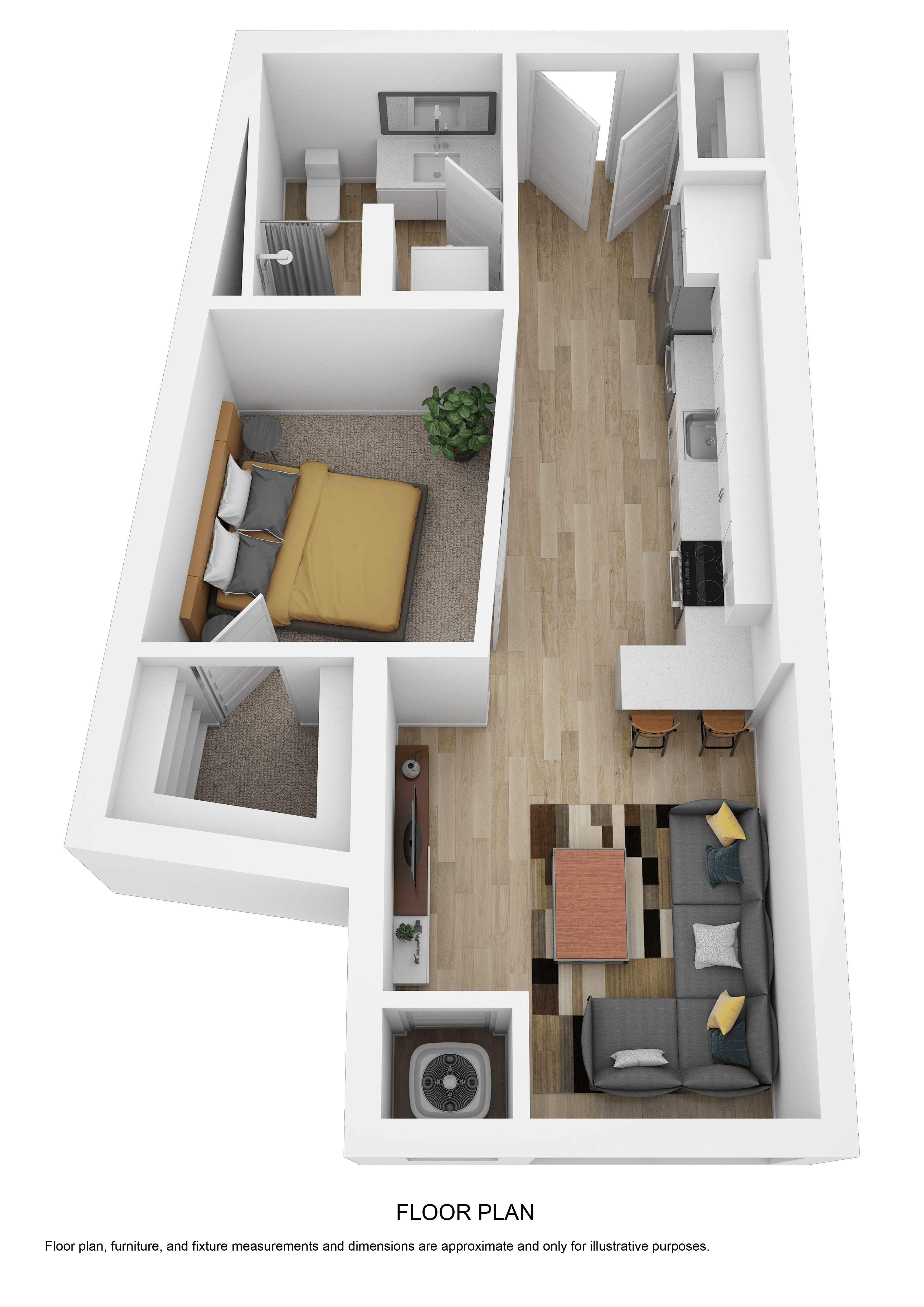 Floor plan for 1 bed, 1 bath, 602 sqft